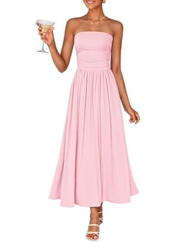ZESICA Women's Strapless Ruched A-Line Flowy Midi Dress for Summer Wedding Guests