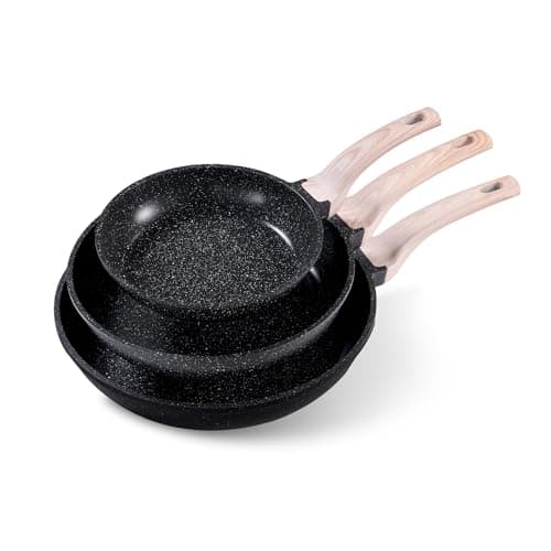 Carote 3-Piece Granite Nonstick Frying Pan Skillet Set with Wood-Effect Handles