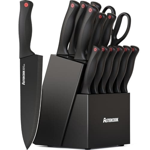 Astercook 15-Piece Dishwasher Safe German Stainless Steel Knife Set with Block