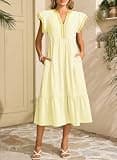 Dokotoo Women's V-Neck Ruffle Cap Sleeve Empire Waist Striped Midi Vacation Dress