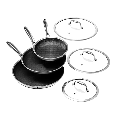 HexClad Hybrid 6-Piece Frying Pan Set with Tempered Glass Lids and Steel Handles