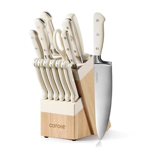 CAROTE 14-Piece Forged High-Carbon Stainless Steel Knife Set with Cream Block