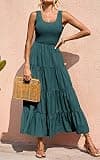 PRETTYGARDEN Bohemian Sleeveless Smocked Ruffle Tiered Summer Maxi Sundress