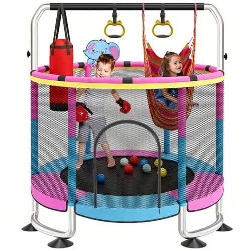60-Inch Kids Trampoline with Safety Enclosure, Gymnastics Bar, and Hoop