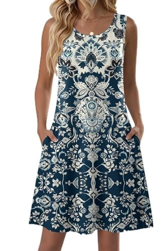Zeagoo Women's Sleeveless Floral Print Tank Short Dress Hawaiian Sundress with Pockets