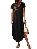 RUMIA Women's V-Neck Cap Sleeve Casual Flowy Maxi Sundress with Side Pockets