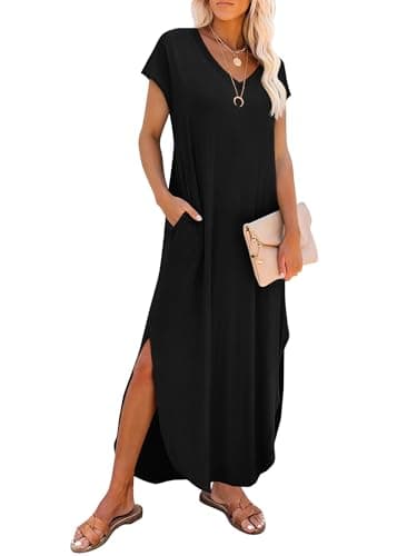 RUMIA Women's V-Neck Cap Sleeve Casual Flowy Maxi Sundress with Side Pockets