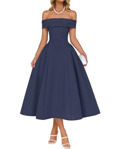 ZESICA Women's Off-Shoulder Short Sleeve Swing A-Line Cocktail Midi Dress