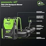 Greenworks 60V 550 CFM Cordless Brushless Backpack Leaf Blower with 5.0Ah Battery