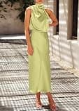 PRETTYGARDEN Elegant Sleeveless Mock Neck Satin Cocktail Party Maxi Dress