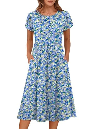 ANRABESS Women's Short Sleeve A-Line Floral Midi T-Shirt Dress with Side Pockets