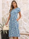 ANRABESS Women's Short Sleeve A-Line Floral Midi T-Shirt Dress with Side Pockets